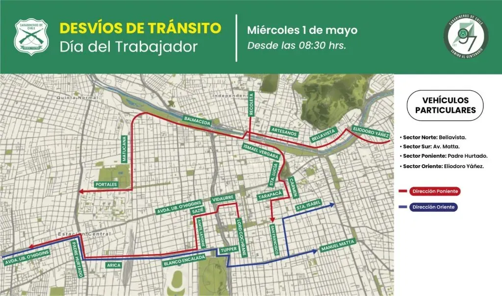 El mapa de desvíos este 1 de mayo. Foto: Carabineros de Chile