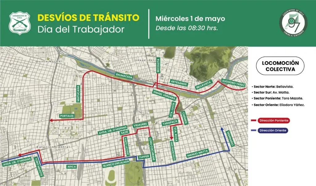 El mapa de desvíos este 1 de mayo. Foto: Carabineros de Chile