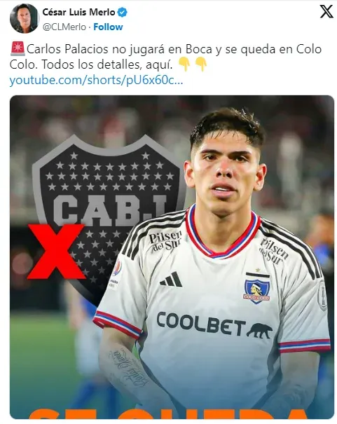 Merlos confirma que Palacios no irá a Boca.