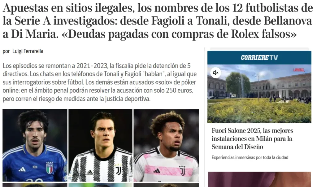 Portada de Corriere della Sera con el nuevo escándalo de apuestas (Captura)