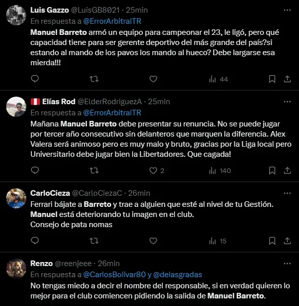Hinchas molestos con Manuel Barreto (Foto: X).