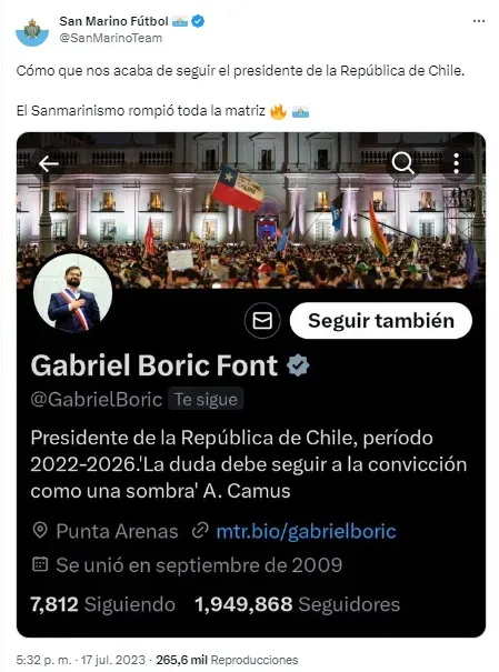 Gabriel Boric le dio “follow” a la cuenta parodia de San Marino. | Foto: Captura.