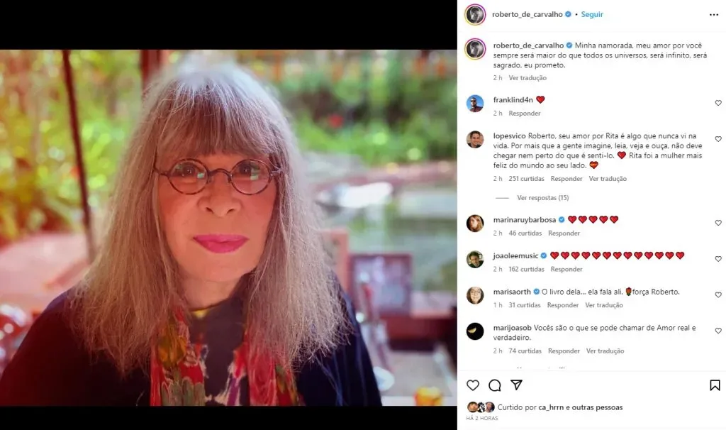 Rita Lee em publicação de Roberto de Carvalho - Foto: Instagram @roberto_de_carvalho