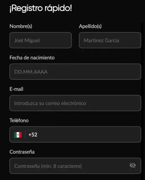 Pantalla de registro en Betboom