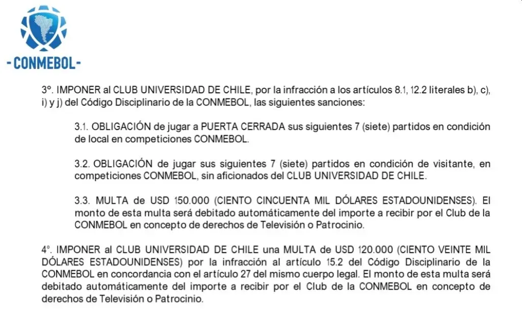 Fallo oficial de Conmebol tras los incidentes en el Independiente vs. Universidad de Chile. (Foto: Conmebol)