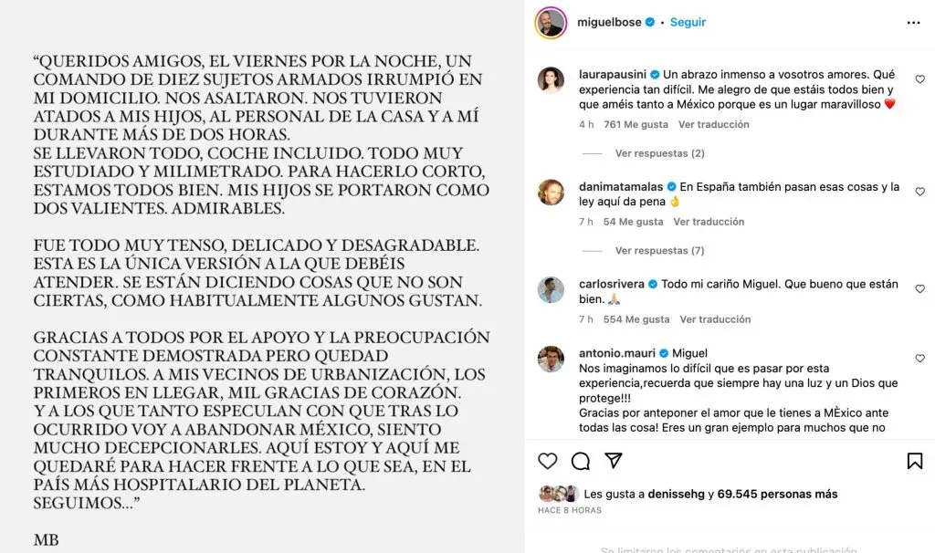 Miguel Bosé contó lo qué pasó a través de su Instagram (Instagram @miguelbose)