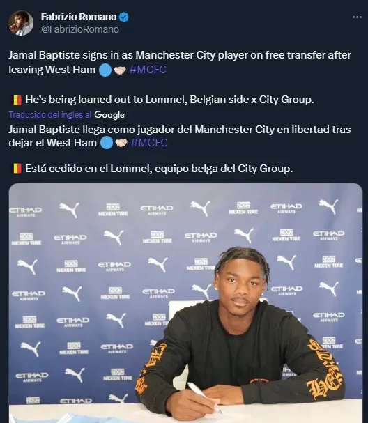 Baptiste firmó con el City (Twitter @FabrizioRomano).