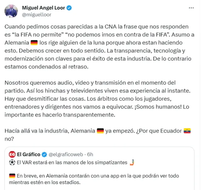 Así fue el descargo de Miguel Ángel Loor contra la CNA por no revelar los audios del VAR. (Captura de pantalla: @miguelloor)