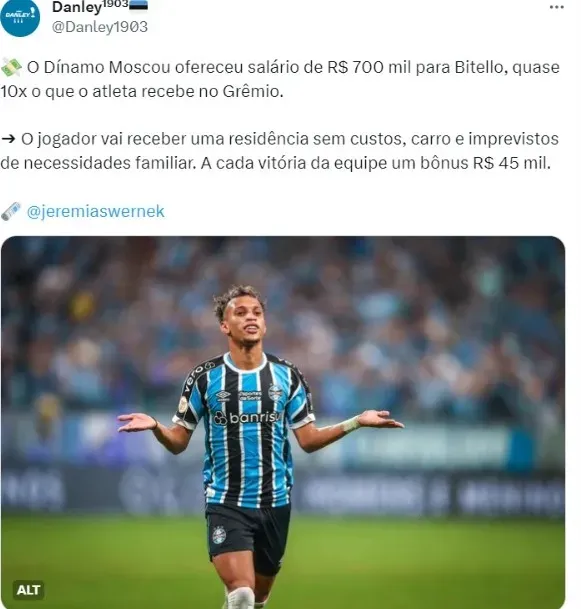 Grêmio comunica a venda do atleta Bitello