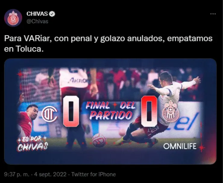 El reclamo de Chivas en su cuenta de Twitter. Créditos: Imago7