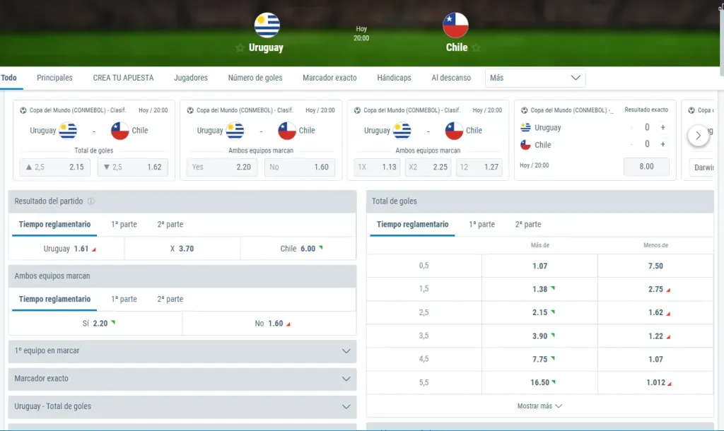 Algunas de las cuotas para que te la juegues por Chile en el debut en las Clasificatorias Sudamericanas al Mundial del 2026 en Norteamérica. Foto: Sportingbet.