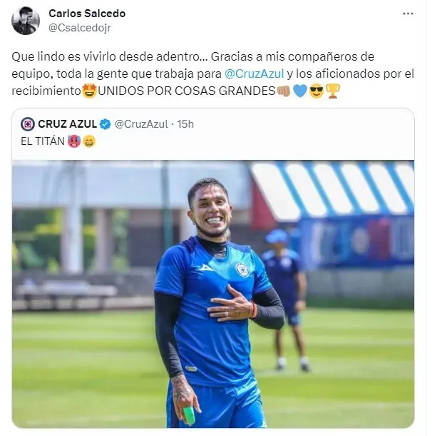 El mensaje de Carlos Salcedo a Cruz Azul (Twitter)