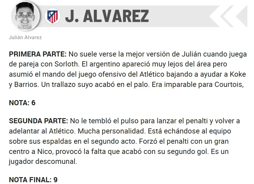 Puntaje de Marca a Julián Álvarez (Captura)