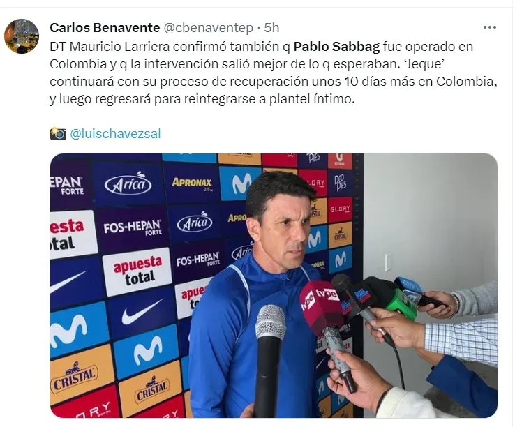 Carlos Benavente da información de Pablo Sabbag. Foto: Captura de Twitter.