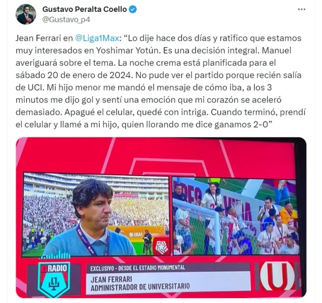 Jean Ferrari dejó en claro que Universitario quiere a Yoshimar Yotún. (Foto: Gustavo Peralta)