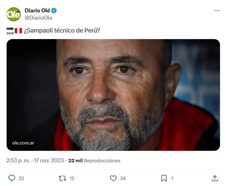 La noticia sobre la opción de Sampaoli en Perú (@DiarioOle)