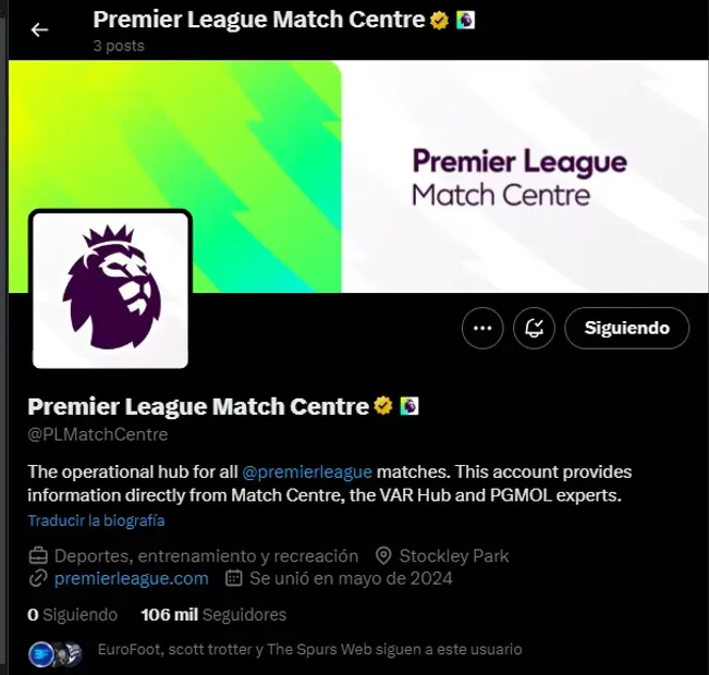 Premier League Match Centre (@PLMatchCentre), la cuenta donde se explicarán las decisiones del VAR.