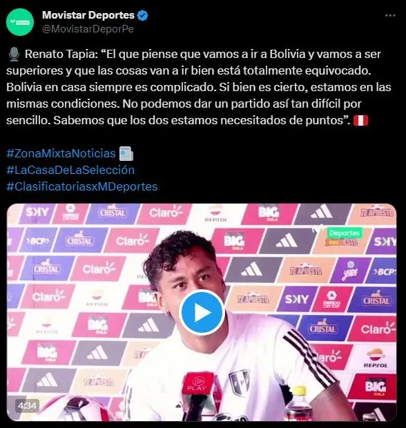 Renato Tapia no comparte favoritismo hacia Perú. (Foto: Twitter).