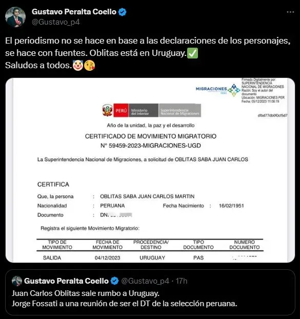 Juan Carlos Oblitas si viajó a Uruguay. (Foto: Twitter).