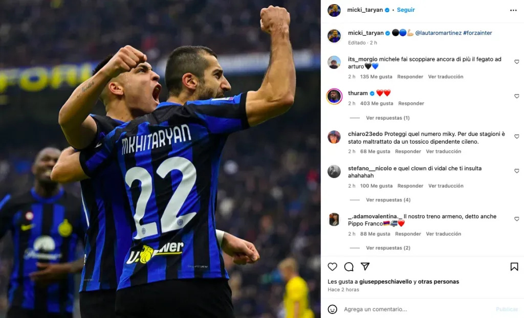 Henrikh Mkhitaryan subió una foto celebrando junto a Lautaro Martínez, otro de los apuntados, para responderle a Arturo Vidal. Foto: Instagram.