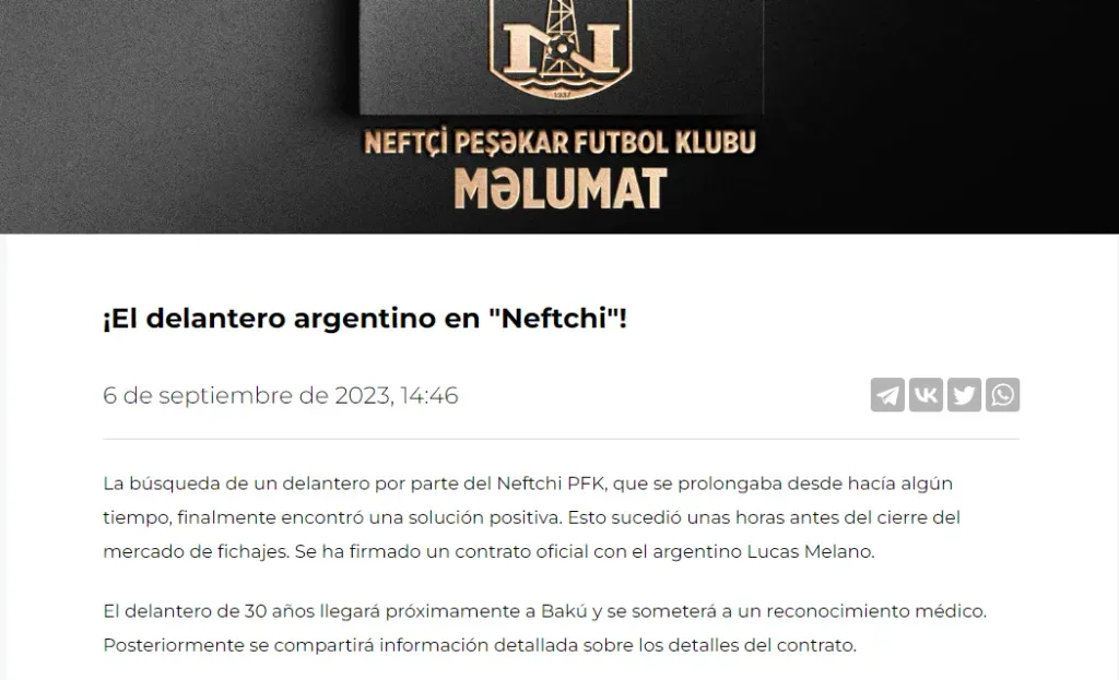 Comunicado oficial del Neftchi sobre la llegada de Melano.