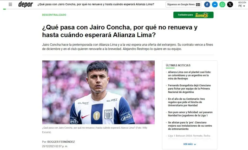 La última información sobre el caso Jairo Concha en Alianza Lima. (Foto: Diario Depor).