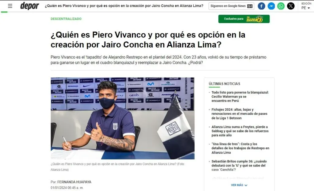 Información de Alianza Lima sobre Piero Vivanco. (Foto: Diario Depor).