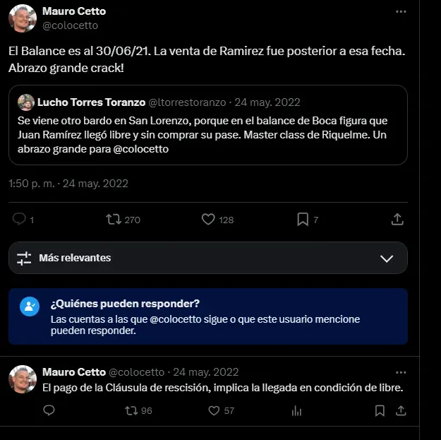 Cetto, aclarando la venta de Ramírez.