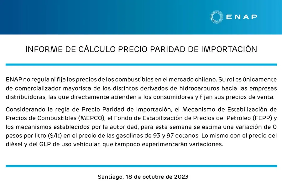 Reporte de ENAP sobre el precio de los combustibles, 18 de octubre de 2023 | Foto: www.enap.cl