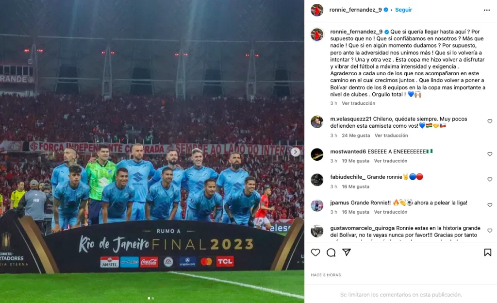 El mensaje de Ronnie Fernández tras eliminación del Bolívar en Copa Libertadores. Foto: Instagram.