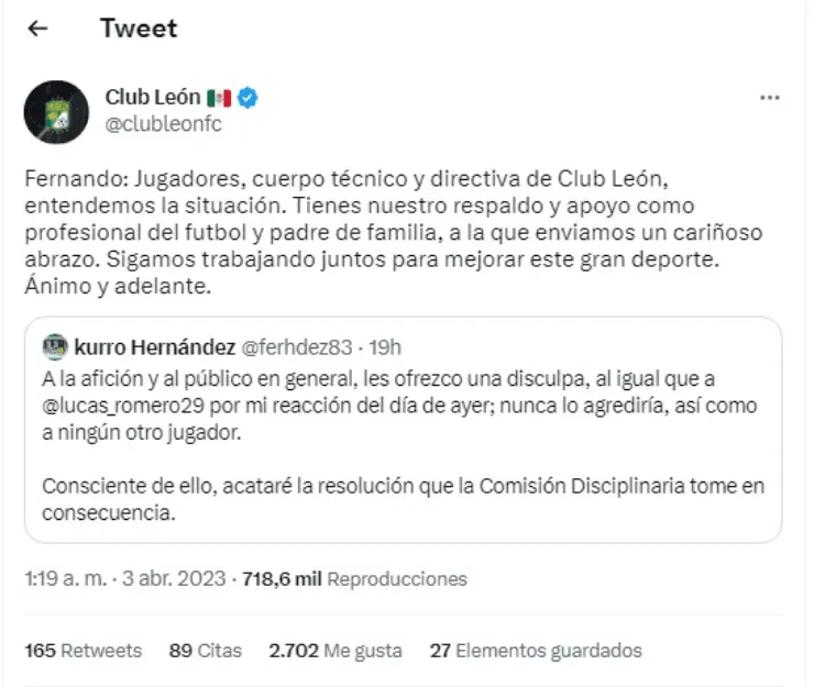 León acepta las disculpas públicas de Fernando Hernández (Twitter @clubleon)