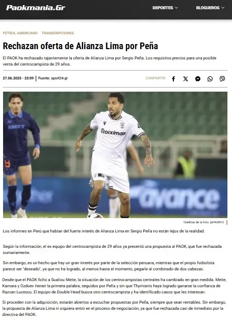 Desde Grecia, señalan que PAOK rechazó oferta de Alianza Lima por Sergio Peña.