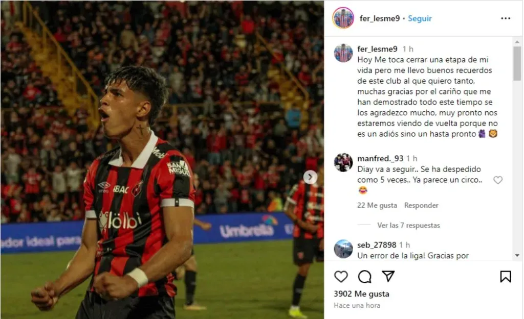 El posteo de Fernando Lesme en su despedida de Alajuelense. (Foto: Instagram)