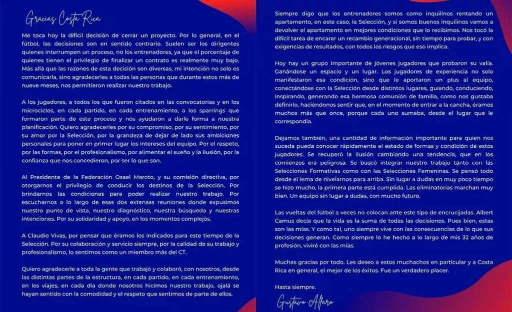 Carta de Gustavo Alfaro tras despedirse de la Selección de Costa Rica