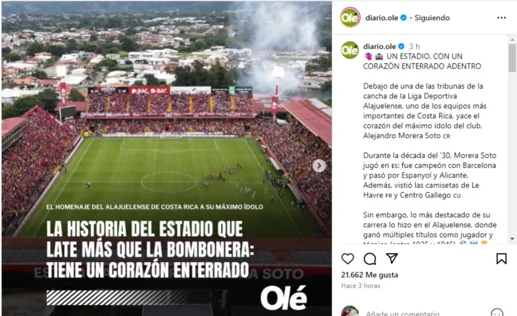 El posteo del medio argentino sobre el Estadio Morera Soto.