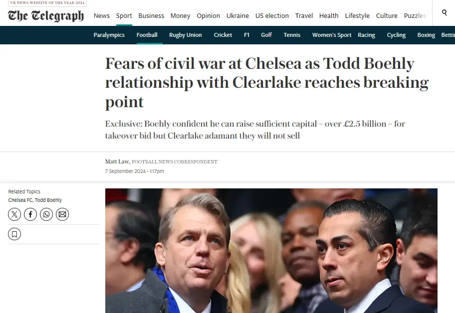 La portada de la noticia con el conflicto en el Chelsea (The Telegraph).