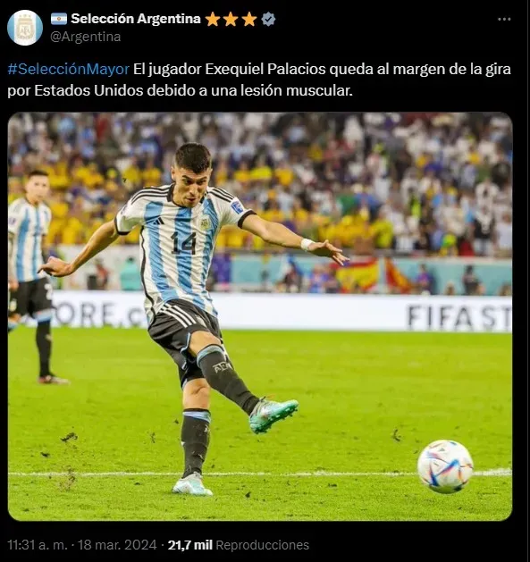 El anuncio de la baja de Exequiel Palacios en la convocatoria de la Selección Argentina. X