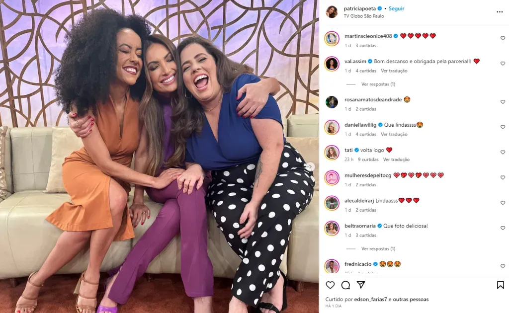 Fãs de Patrícia Poeta comentam em foto da apresentadora com suas substitutas - Foto: Instagram @patriciapoeta