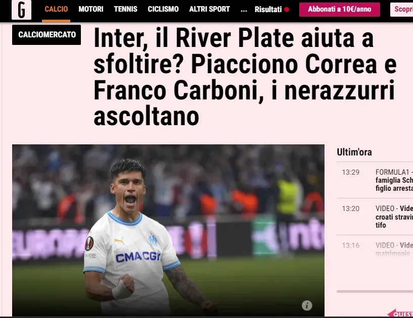 En la Gazzella dello Sport revelan gestiones de RIver por los dos jugadores del Inter de Milán.