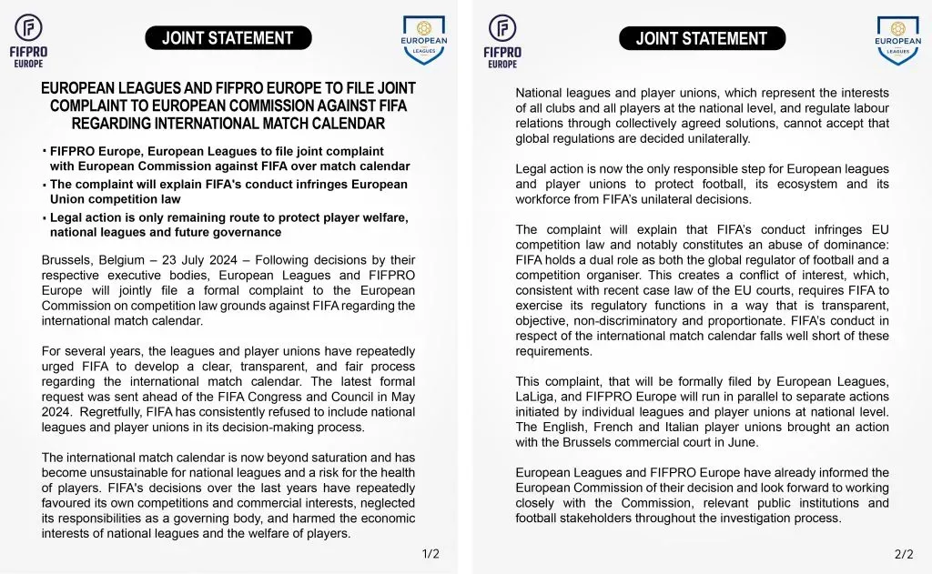 El comunicado de FIFPro y Ligas Europeas con el que anunció su denuncia contra la FIFA.