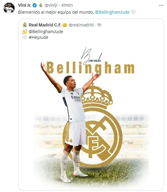 La publicación que Vinícius Júnior le dedicó a Jude Bellingham.
