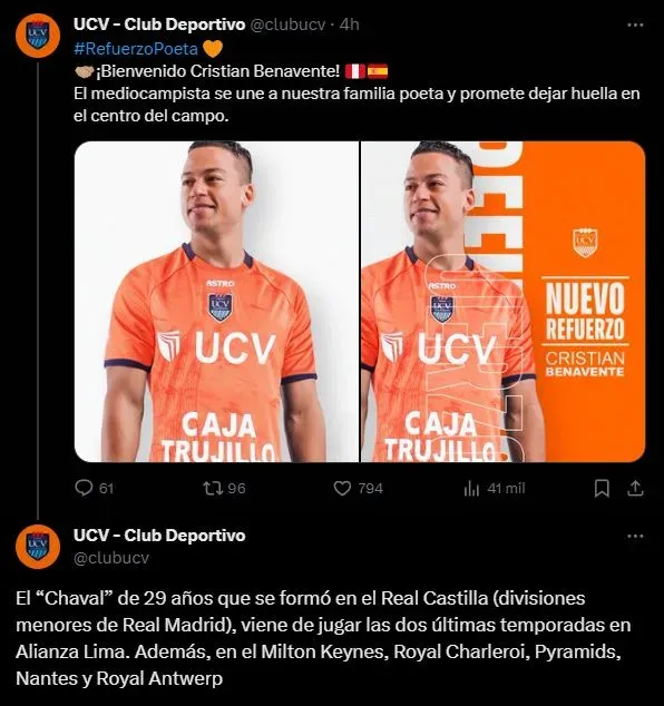 Información sobre Cristian Benavente y su nuevo equipo. (Foto: Twitter).