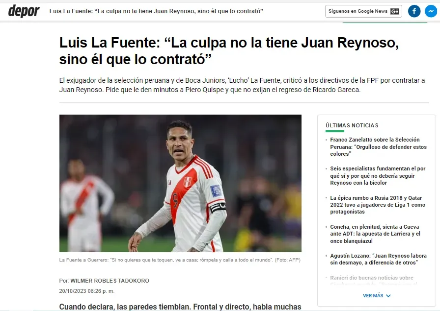 Entrevista de diario Depor a Luis La Fuente. Foto: Captura Depor.