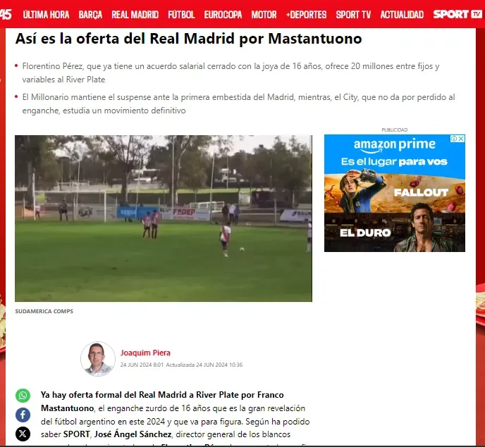 El diario Sport de Barcelona afirma que hay una oferta del Real Madrid por Franco Mastantuono.