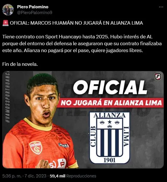 Marcos Huamán y el comienzo de la problemática con Alianza Lima. (Foto: Twitter).