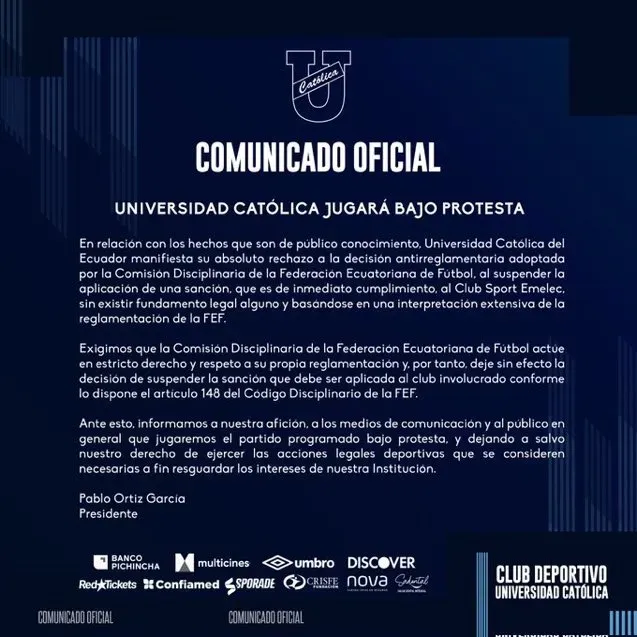 Este es el comunicado de Universidad Católica contra Emelec y la FEF. (Foto: @UCatolicaEC)