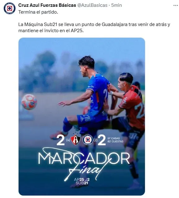 Cruz Azul Sub-21 rescató un agónico empate frente a Atlas (X)
