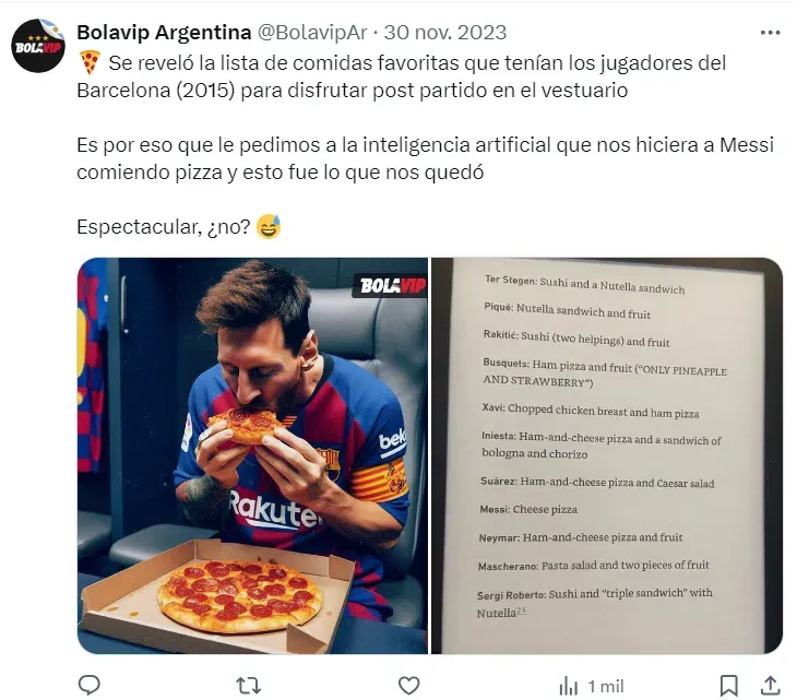 En Barcelona, Messi (aquí creado con IA) comía pizza de muzzarella después de cada partido