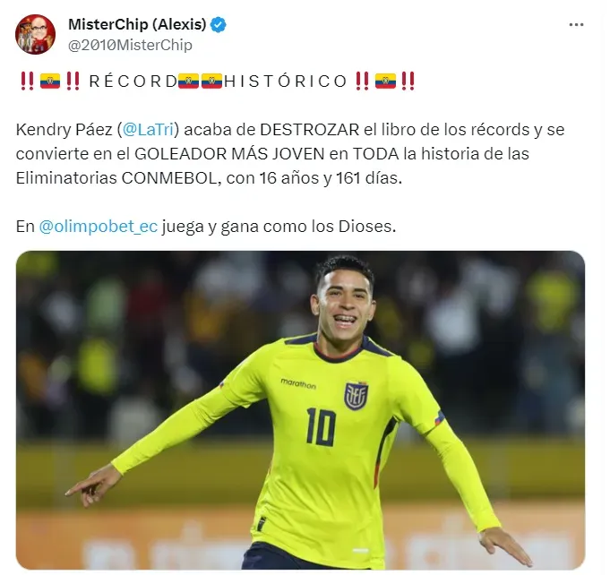 Kendry Páez también alcanzó un importante récord a nivel mundial al ser goleador más joven en la historia de las Eliminatorias Conmebol. Captura de Pantalla del dato de MR: CHIP