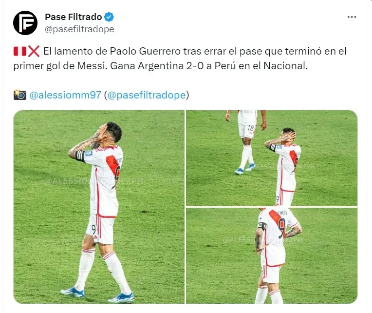 Perú vs Argentina: Paolo Guerrero lamentándose el gol de Lionel Messi. | Créditos: Twitter Pase Filtrado.